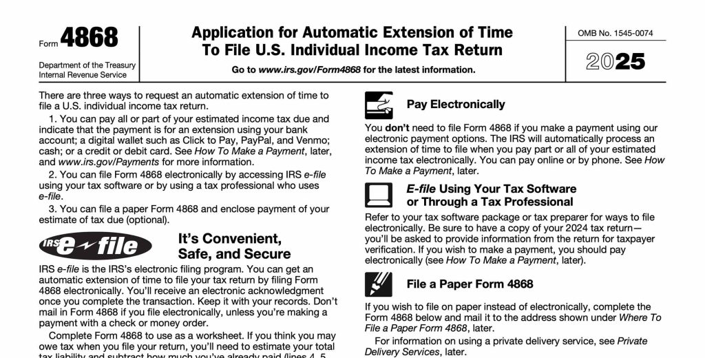 Form 4868: Application for Automatic Extension of Time To File U.S. Individual Income Tax Return