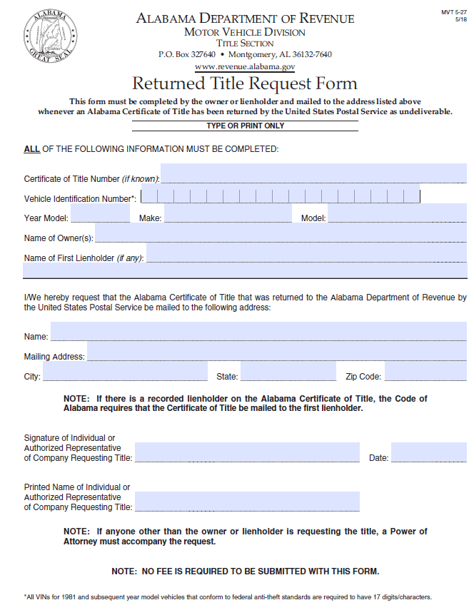 Form MVT 5-27: Alabama Returned Title Request Form
