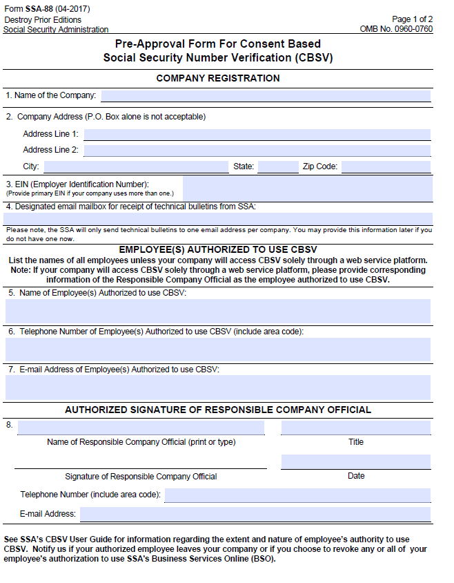 SSA-88: Pre-Approval Form for Consent Based Social Security Number Verification (CBSV)