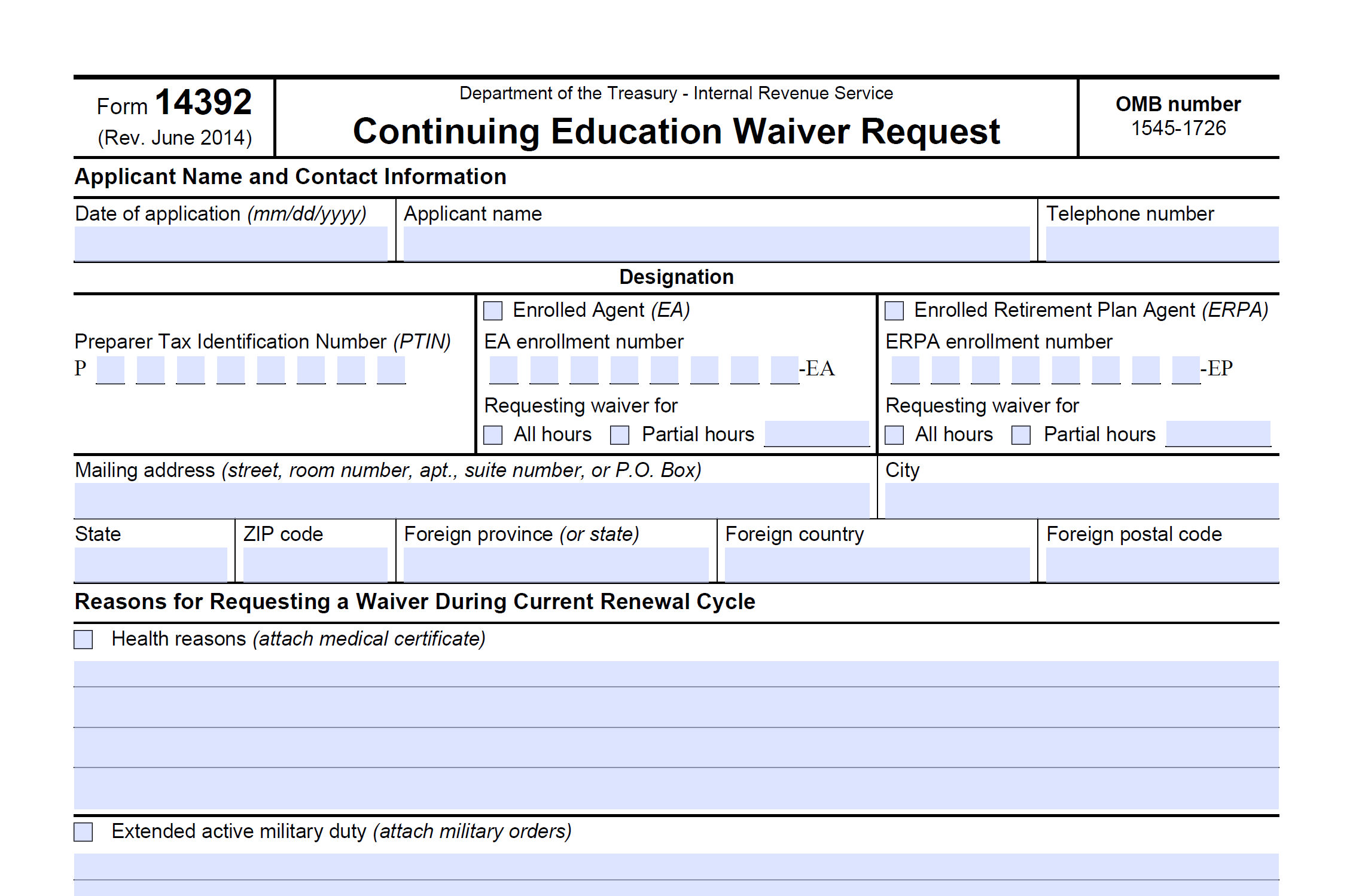 Form 14392: Continuing Education Waiver Request