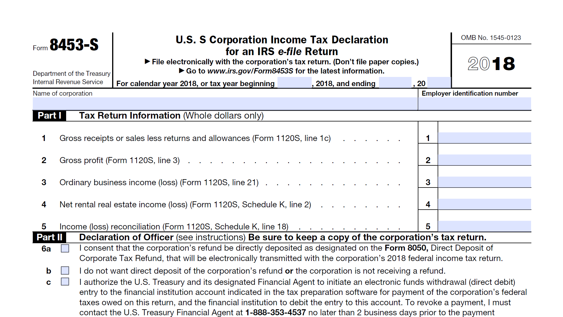 Form 8453-S: U.S. S Corporation Income Tax Declaration for an IRS e-file Return