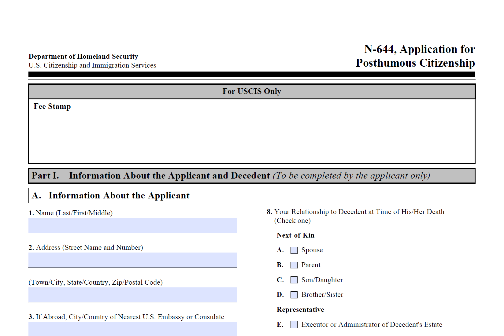Form N-644: Application for Posthumous Citizenship