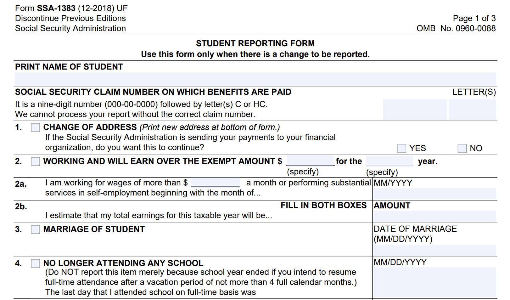 Form SSA-1383: Student Reporting Form