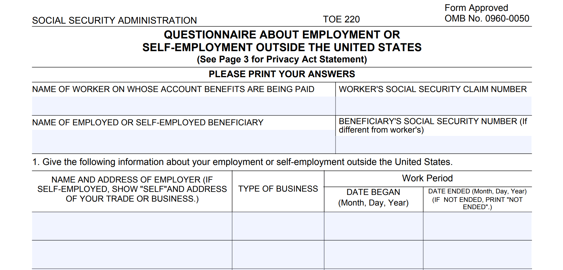 SSA-7163: Questionnaire about Employment or Self Employment