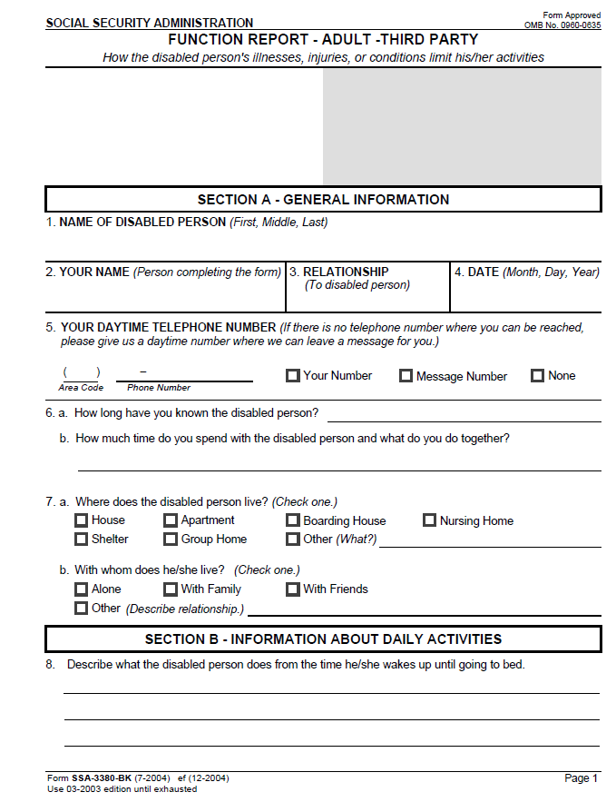 SSA-3380-BK Function Report – Adult – Third Party Form