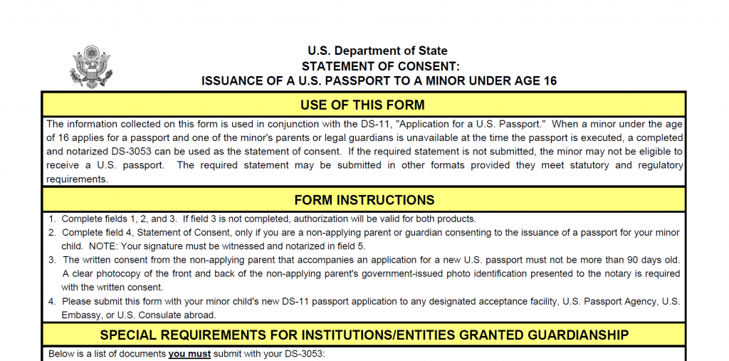 Form DS-3053: Statement of Consent: Issuance of a U.S. Passport to a Minor Under Age 16