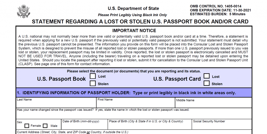 Form DS-64: Statement Regarding a Lost or Stole U.S. Passport Book and/or Card