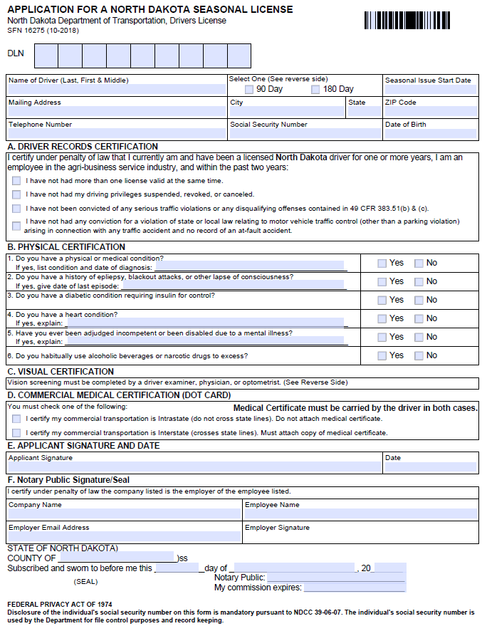 Form SFN 16275: Application for a North Dakota Seasonal License