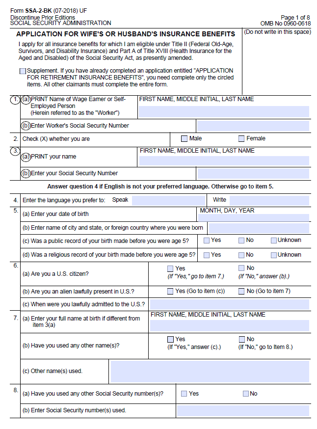 Form SSA-2-BK: Application for Wife’s or Husband’s Insurance Benefits