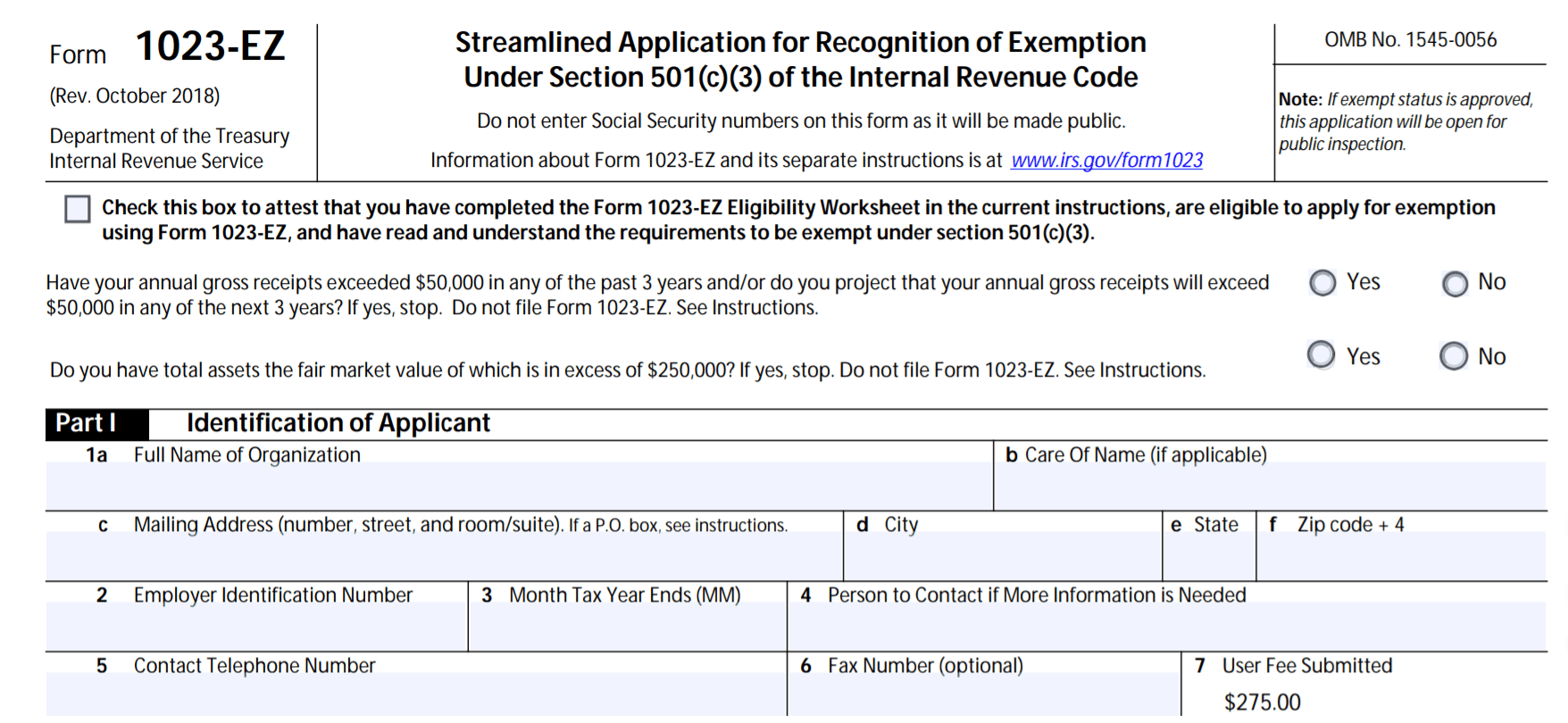 Form 1023-EZ Streamlined Application for Recognition of Exemption Under Section 501(c)(3)