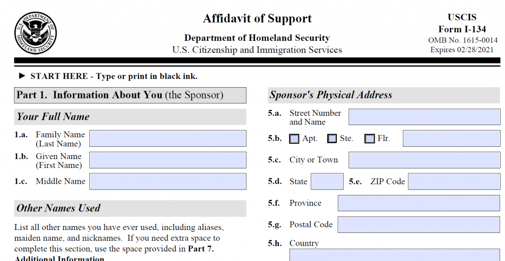 Form I-134 Affidavit of Support