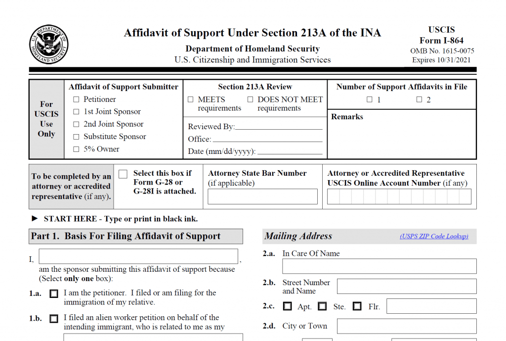 Form I-864: Affidavit of Support Under Section 213A of the INA