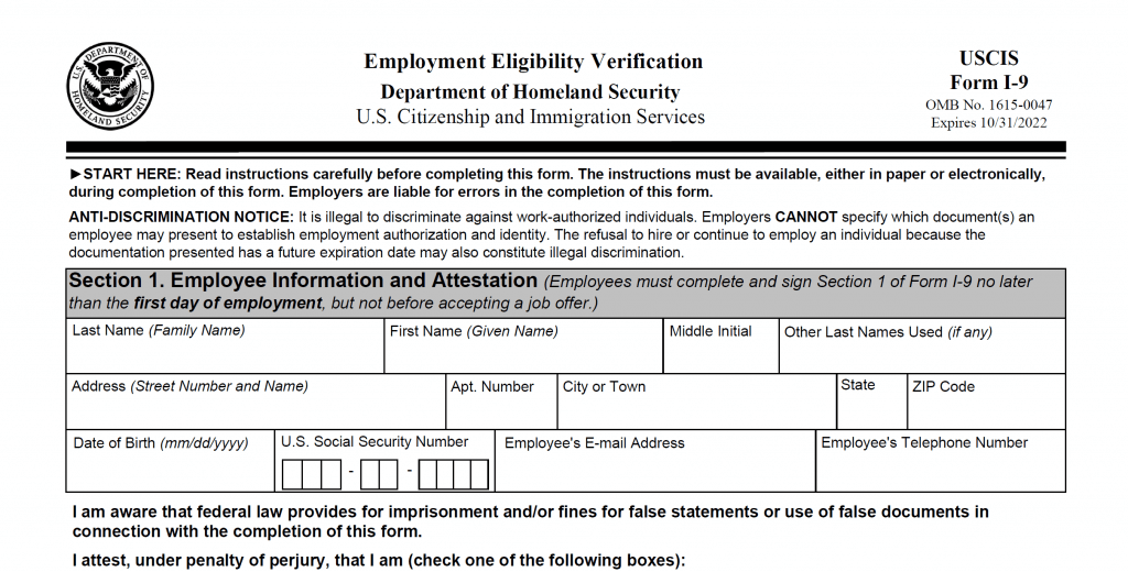Form I-9: Employment Eligibility Verification