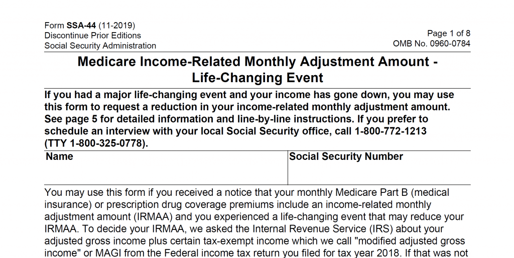 Form SSA-44: Medicare Income-Related Monthly Adjustment Amount – Life-Changing Event