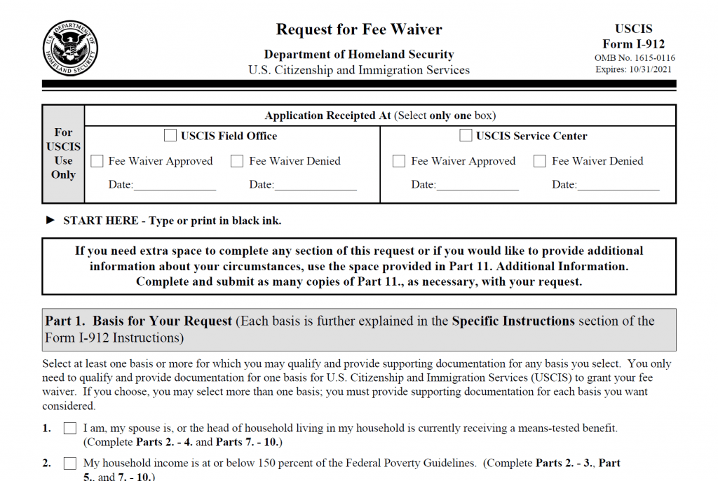 Form I-912: Request for Fee Waiver