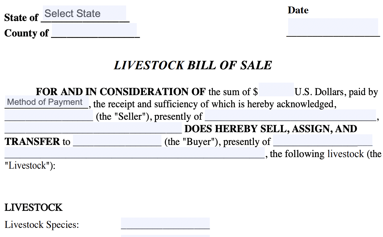 Livestock bill of sale