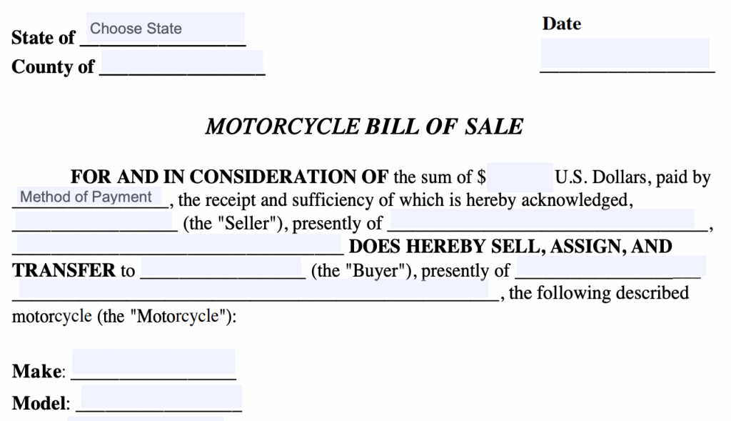 Motorcycle bill of sale