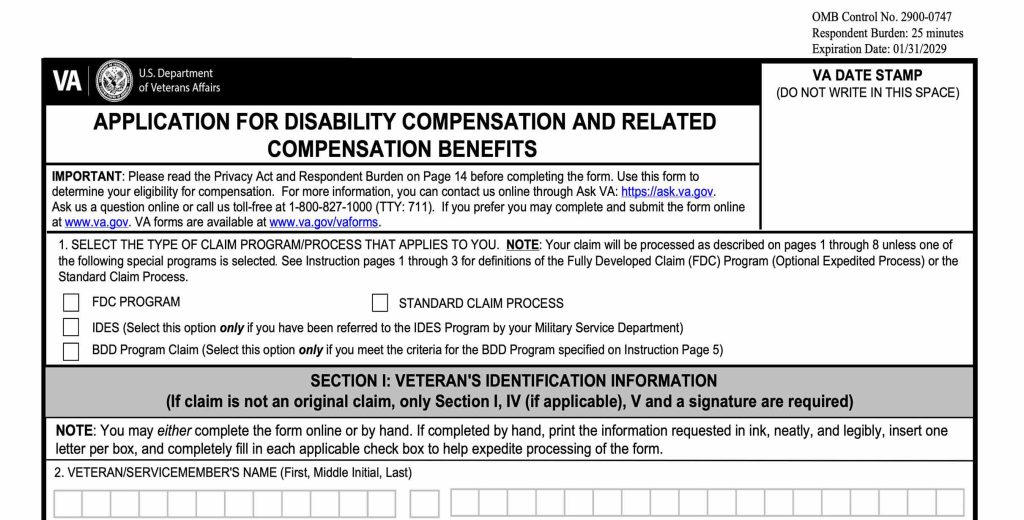 VA Form 21-526EZ: Application for Disability Compensation and Related Compensation Benefits