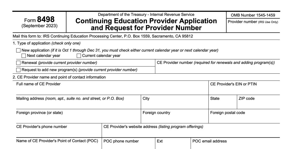 Form 8498: Continuing Education Provider Application and Request for Provider Number