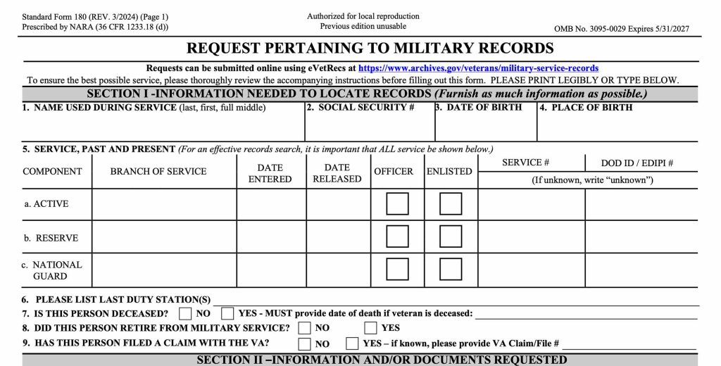 SF-180: Request Pertaining to Military Records